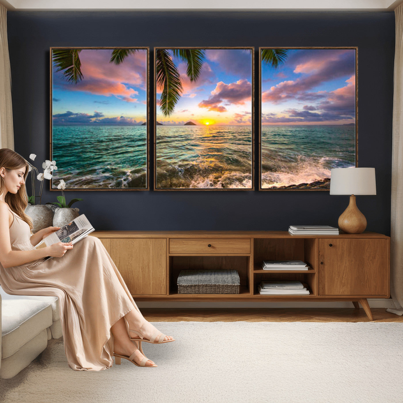13207742-MGV-CV-36X24 - Hawaii Beach Sunset Canvas Wall Art Print, Tropical Ocean Landscape Artwork, Palm Tree Coastal Decor for Living Room Bedroom
