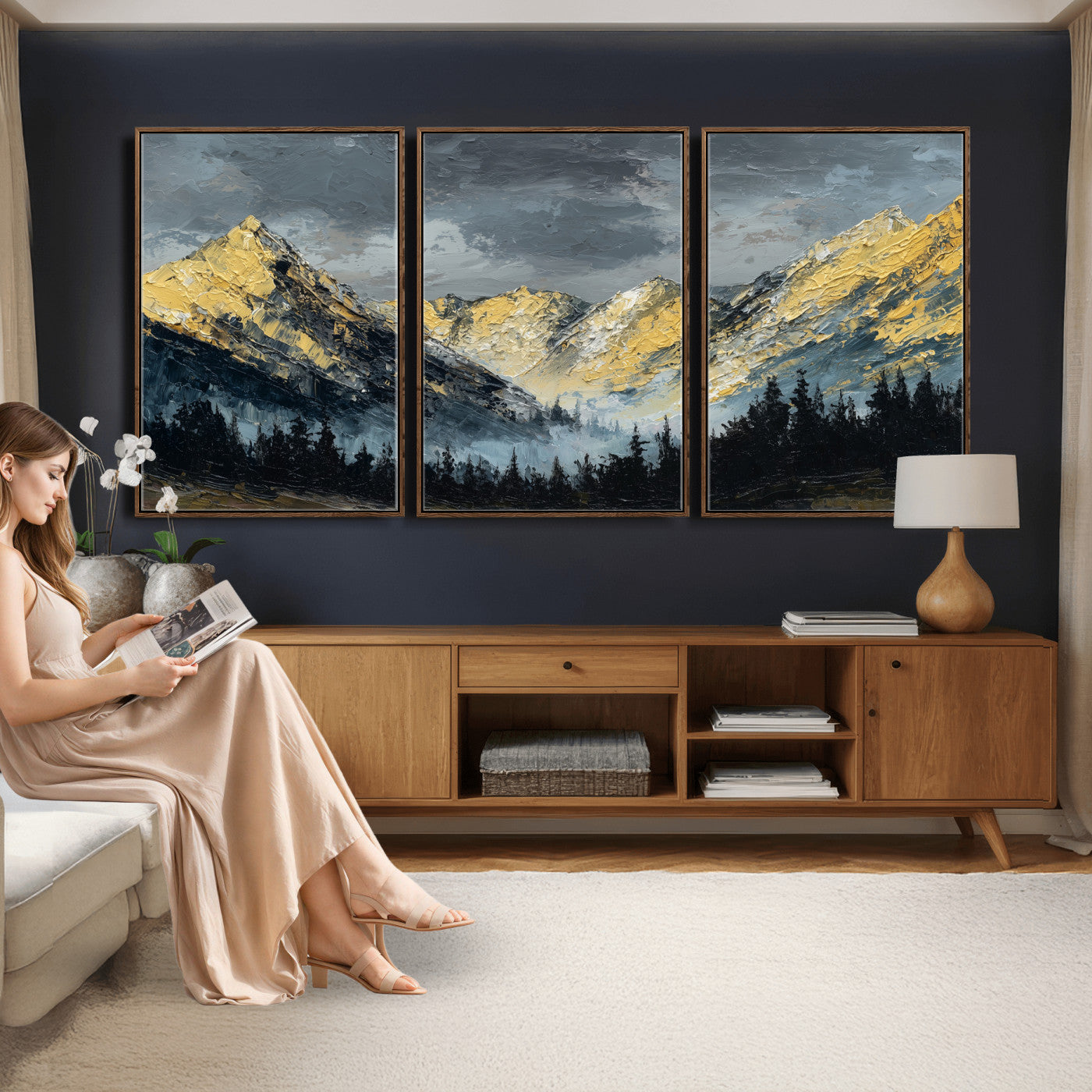 86912101-MGV-CV-48X32-3P - Abstract Mountain Wall Art Canvas Print Modern Landscape Painting Print