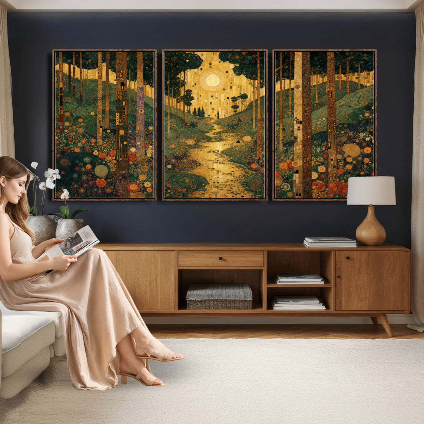 79483321GS-MGV-CV-48X32-3P - Gustav Klimt Style Forest Canvas Wall Art, Golden Forest Path Floral Art Nouveau Print, Enchanted Woodland Decor