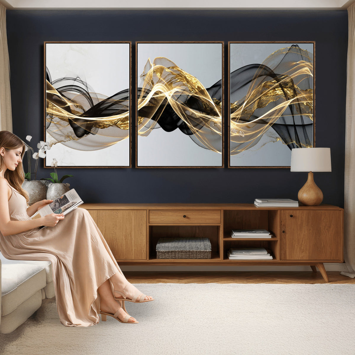 79483321DL-MGV-CV-36X24 - Black and Gold Abstract Wall Art, Modern Wave Canvas Print, Elegant Flowing Smoke Art, Luxury Living Room Decor