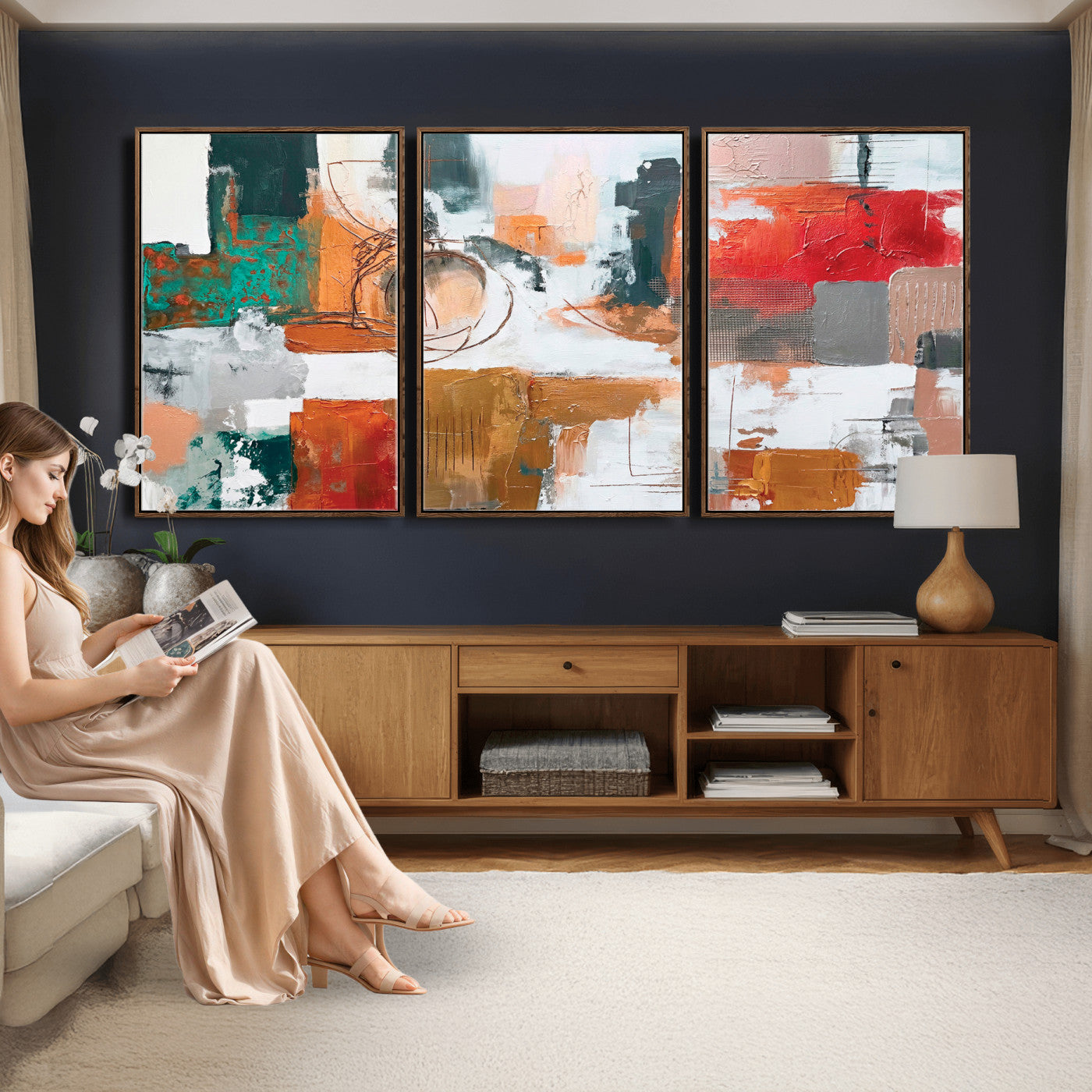 50720312-MGV-CV-36X24 - Blue Teal Abstract Canvas Wall Art | Modern Textured Painting Print, Navy Orange White Contemporary Art, Neutral Living Room Decor, Office Art.