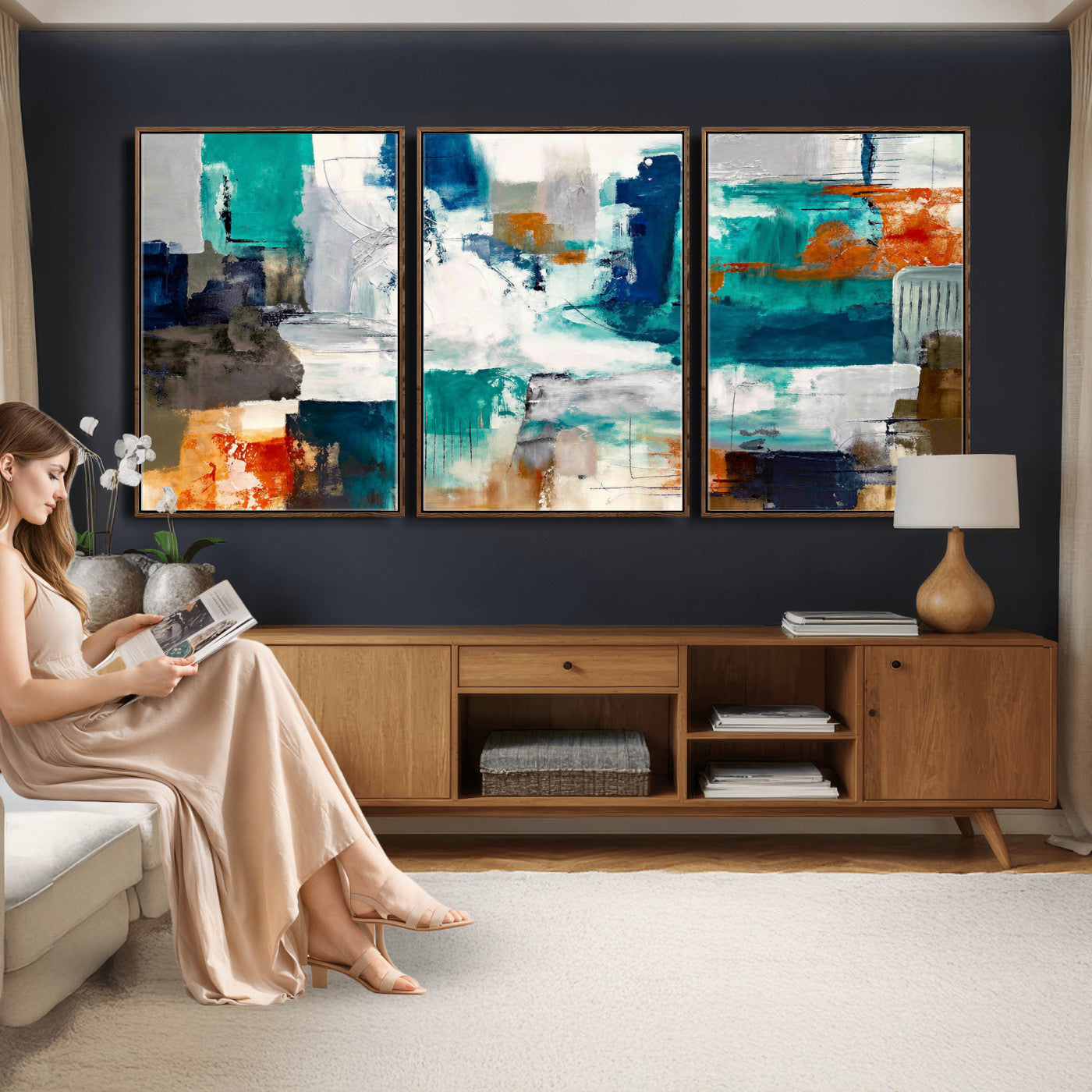 44038089-MGV-CV-36X24 - Blue Teal Abstract Canvas Wall Art, Modern Textured Painting Print, Navy Orange White Contemporary Art, Neutral Living Room Decor, Office Art