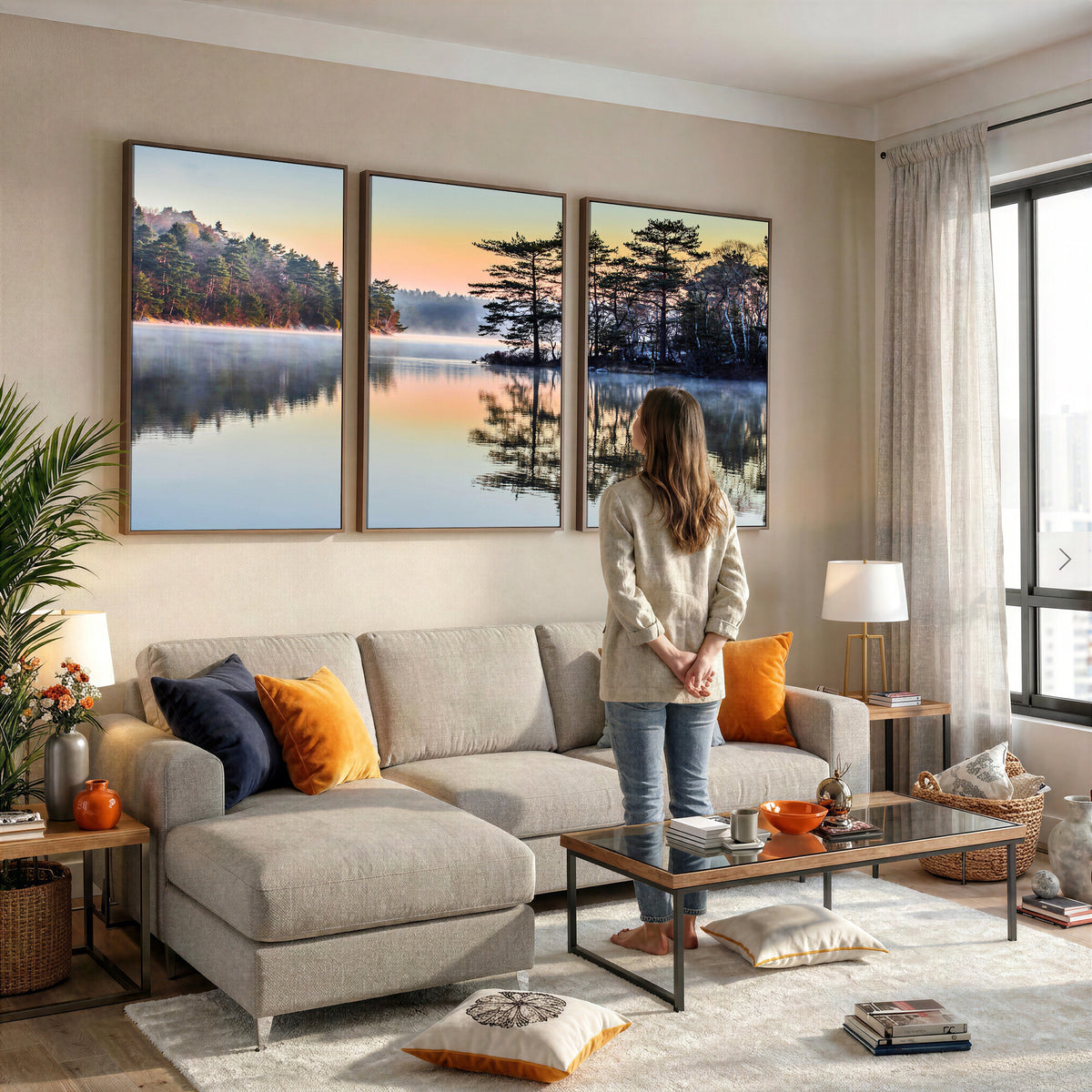 34236027-MGV-CV-36X24 - Before People Wake Canvas Wall Art Print, Misty Lake Sunrise Landscape, Forest Reflection Nature Decor, Ready to Hang