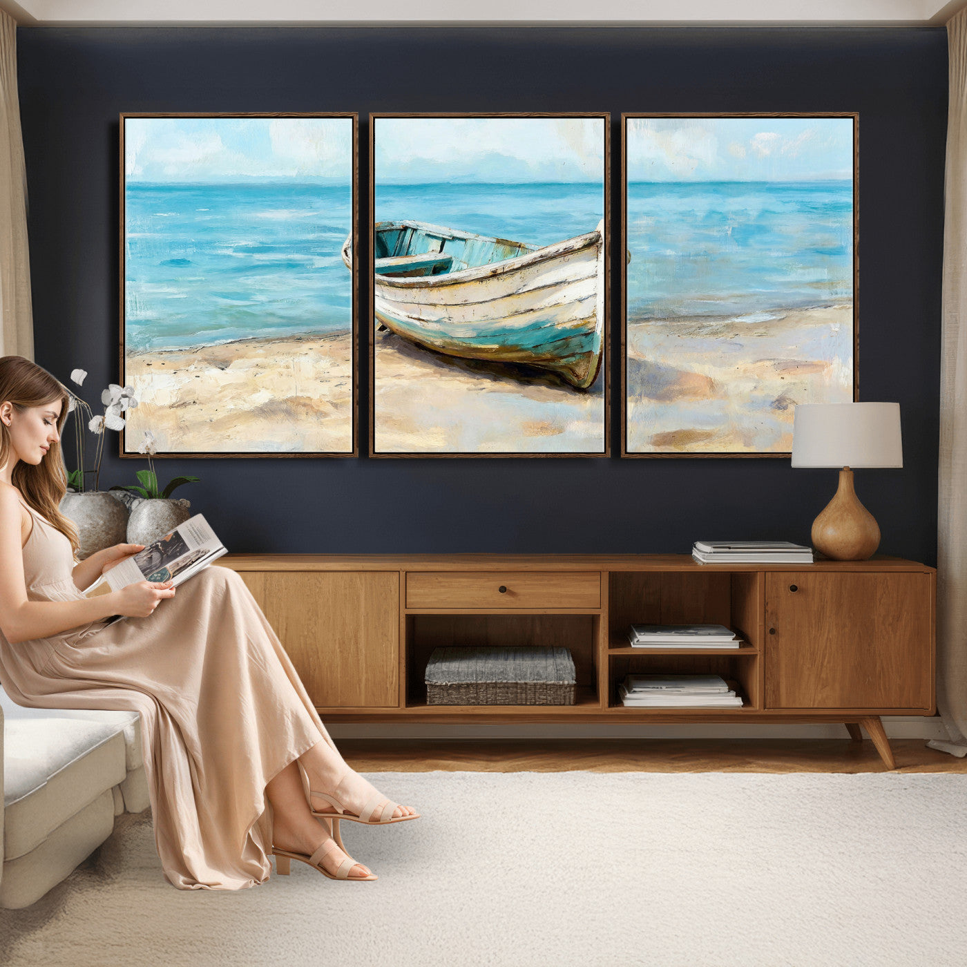 14780565-MGV-CV-36X24 - Coastal Boat Canvas Wall Art Print, Beach Boat Painting, Nautical Ocean Decor, Seascape Wall Art - Ready to Hang