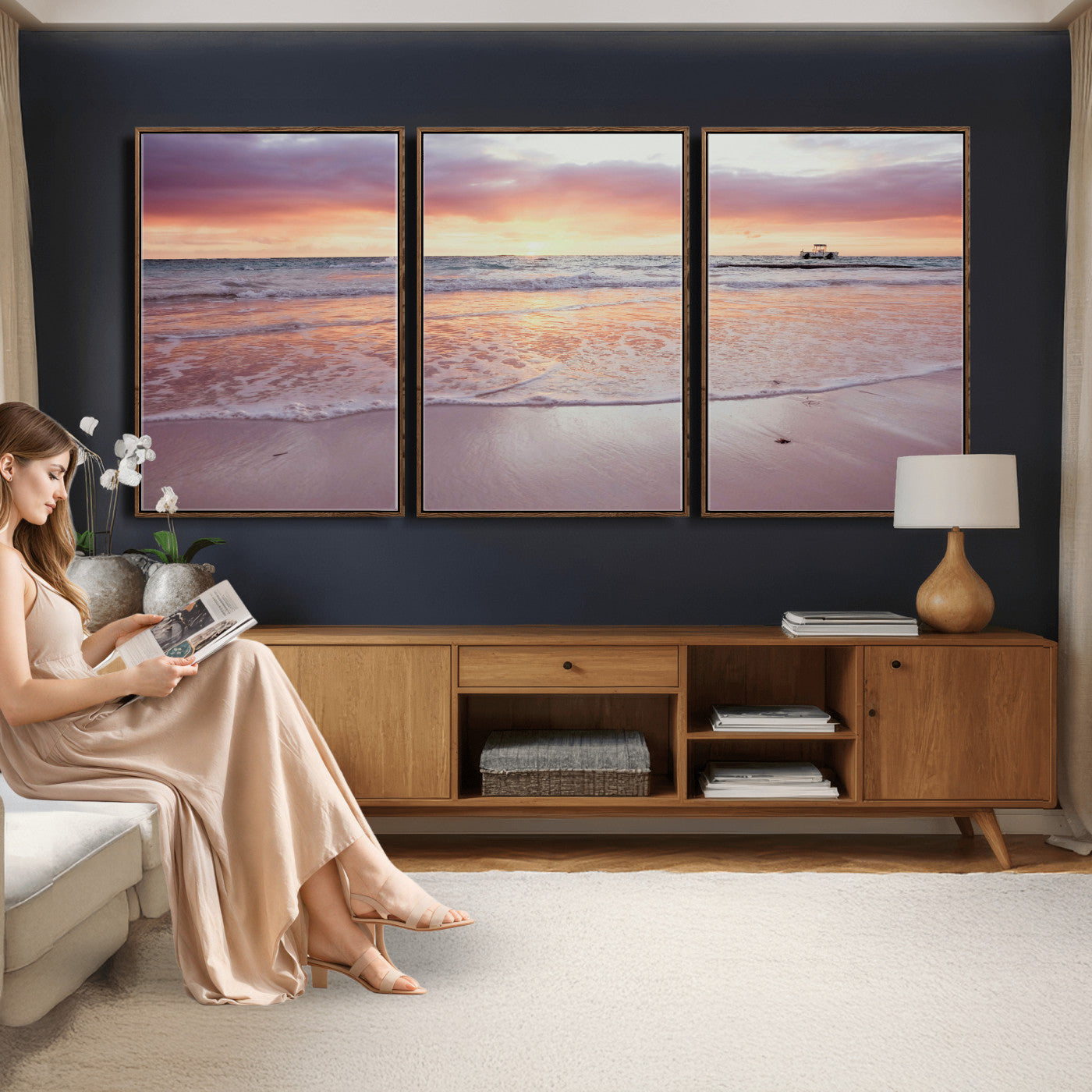 44765395-MGV-CV-36X24 - Beach Sunset Canvas Wall Art Print - Ocean Waves Landscape, Coastal Photography, Seascape Wall Decor, Ready to Hang