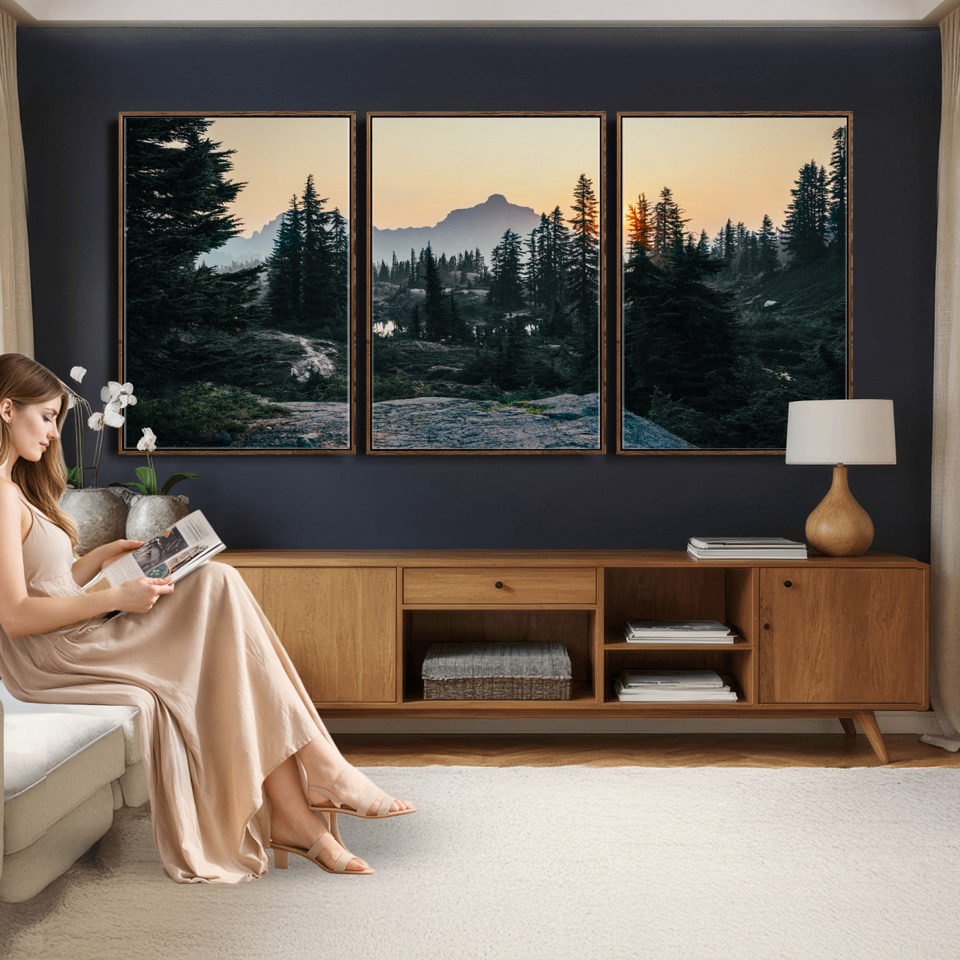 89996020-MGV-CV-36X24 - Mountain Forest Canvas Wall Art Print, Pine Tree Landscape, Sunset Nature Photography, Wilderness Wall Decor, Ready to Hang