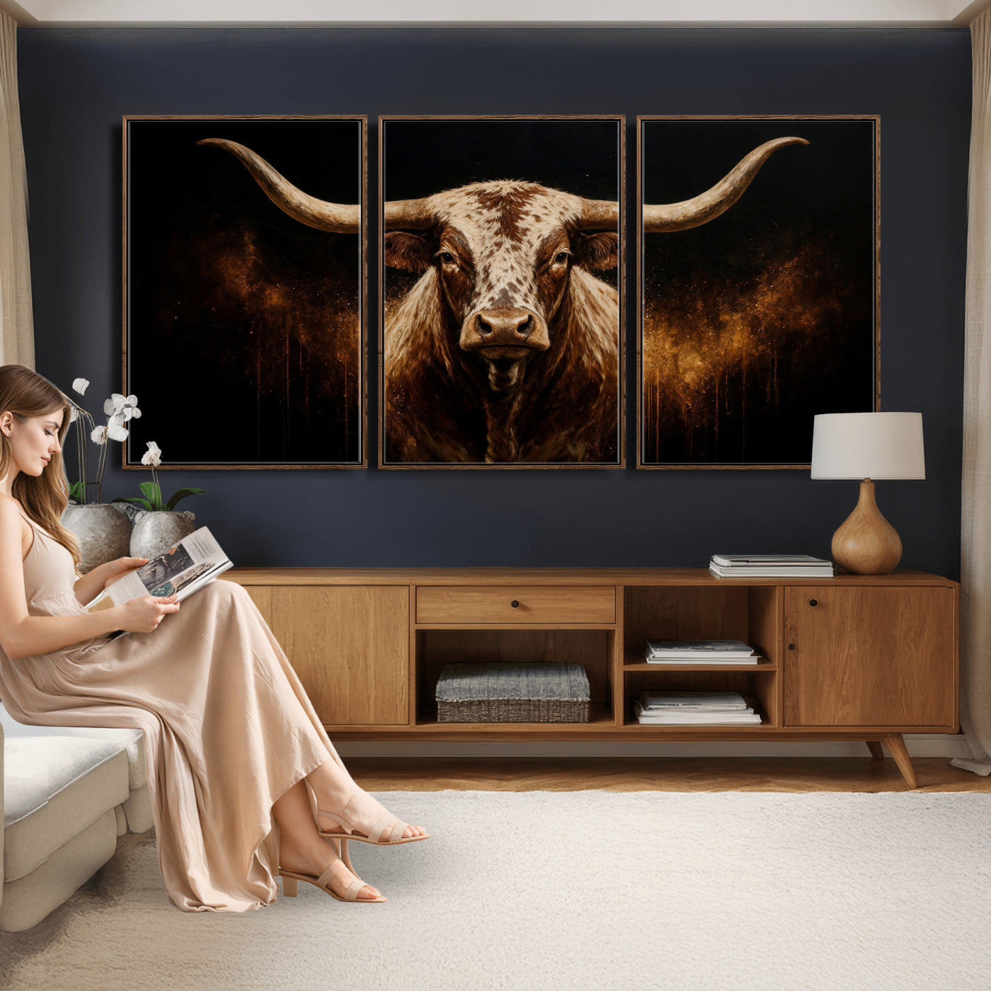 62076449-MGV-CV-48X32-3P - Texas Bull Cow Longhorn Canvas Wall Art Moody Western Bull Oil Painting Print
