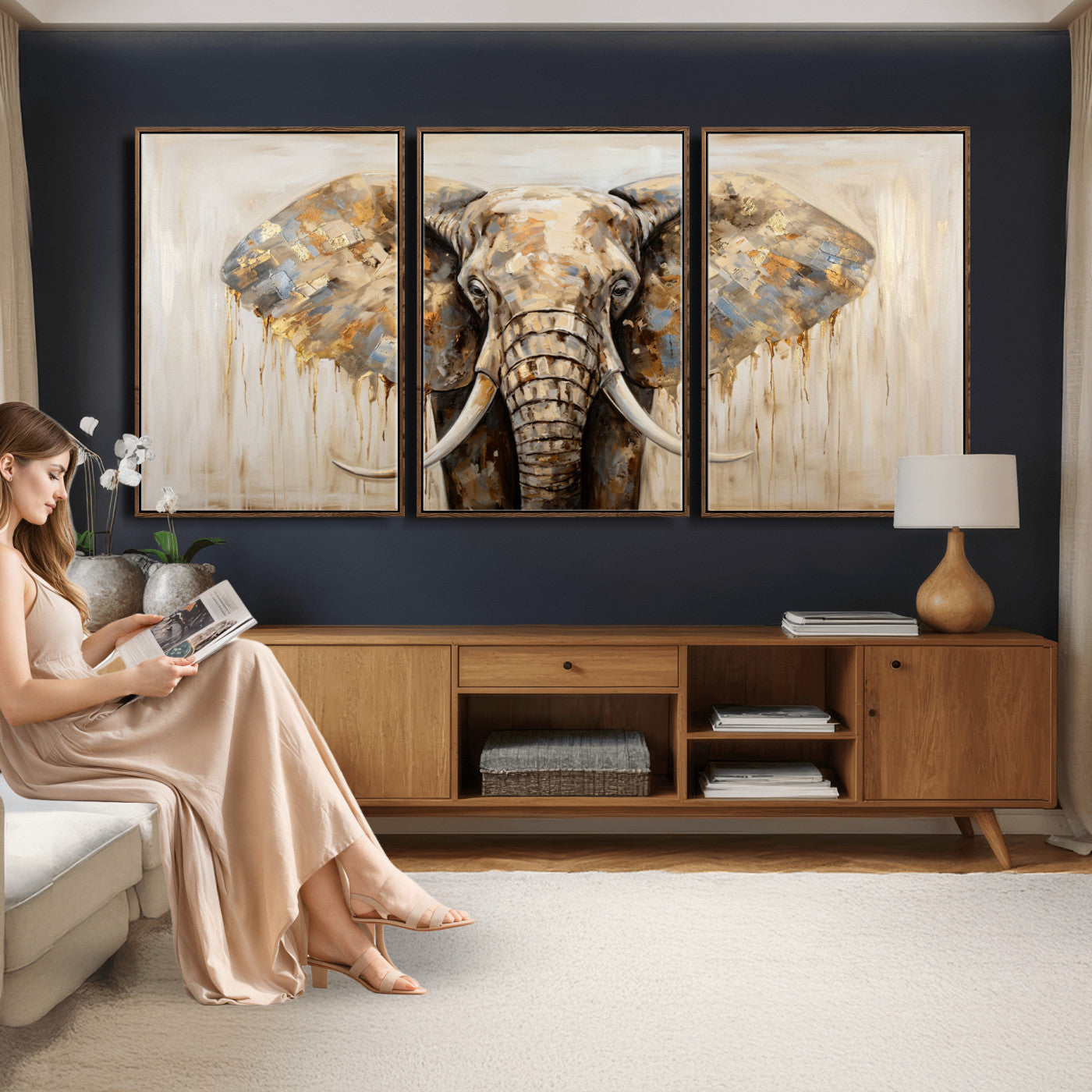 95819221-MGV-CV-36X24 - Gold Leaf Elephant Canvas Wall Art Abstract African Wildlife Painting Print