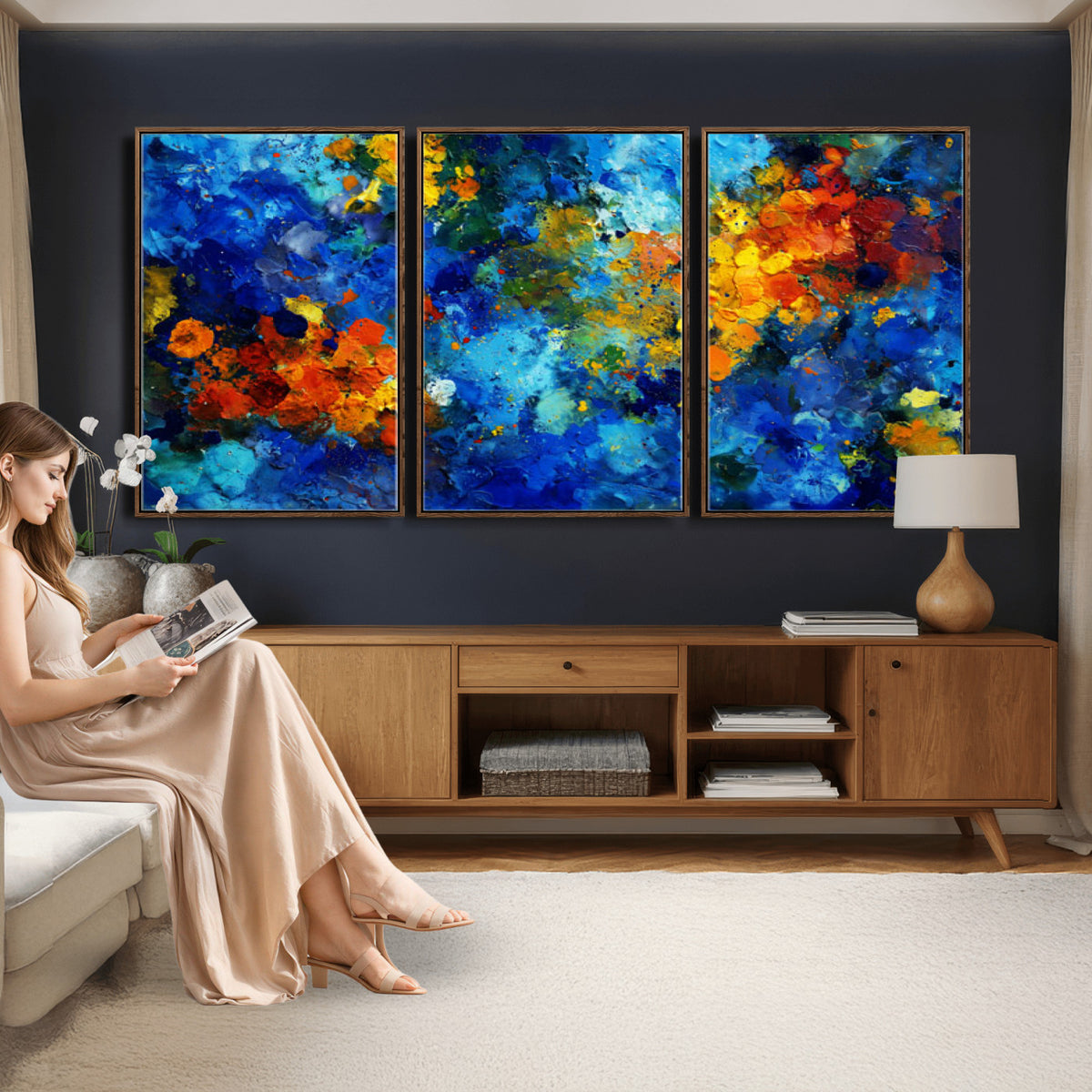 52431611-MGV-CV-36X24 - Vibrant Blue Abstract Canvas Wall Art Colorful Impasto Oil Painting Print