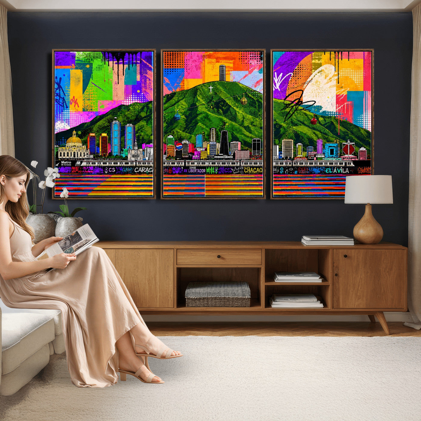 86696255-MGV-CV-36X24 - Mount Ávila, Caracas, Venezuela Wall Art Print by Artist Yorlette - Graffiti Caracas Skyline Canvas Art, Colorful Street Artwork - Venezuela El Avila Poster Print