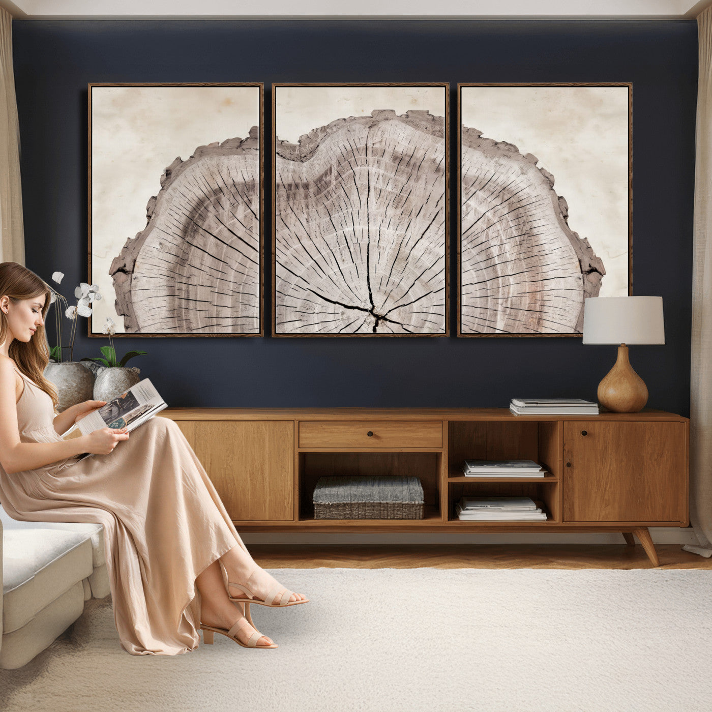 87833480-MGV-CV-60X30-3P - Tree Ring Canvas Wall Art in Neutral Earth Tones, Framed Wood Slice Print for Rustic and Japandi Interiors