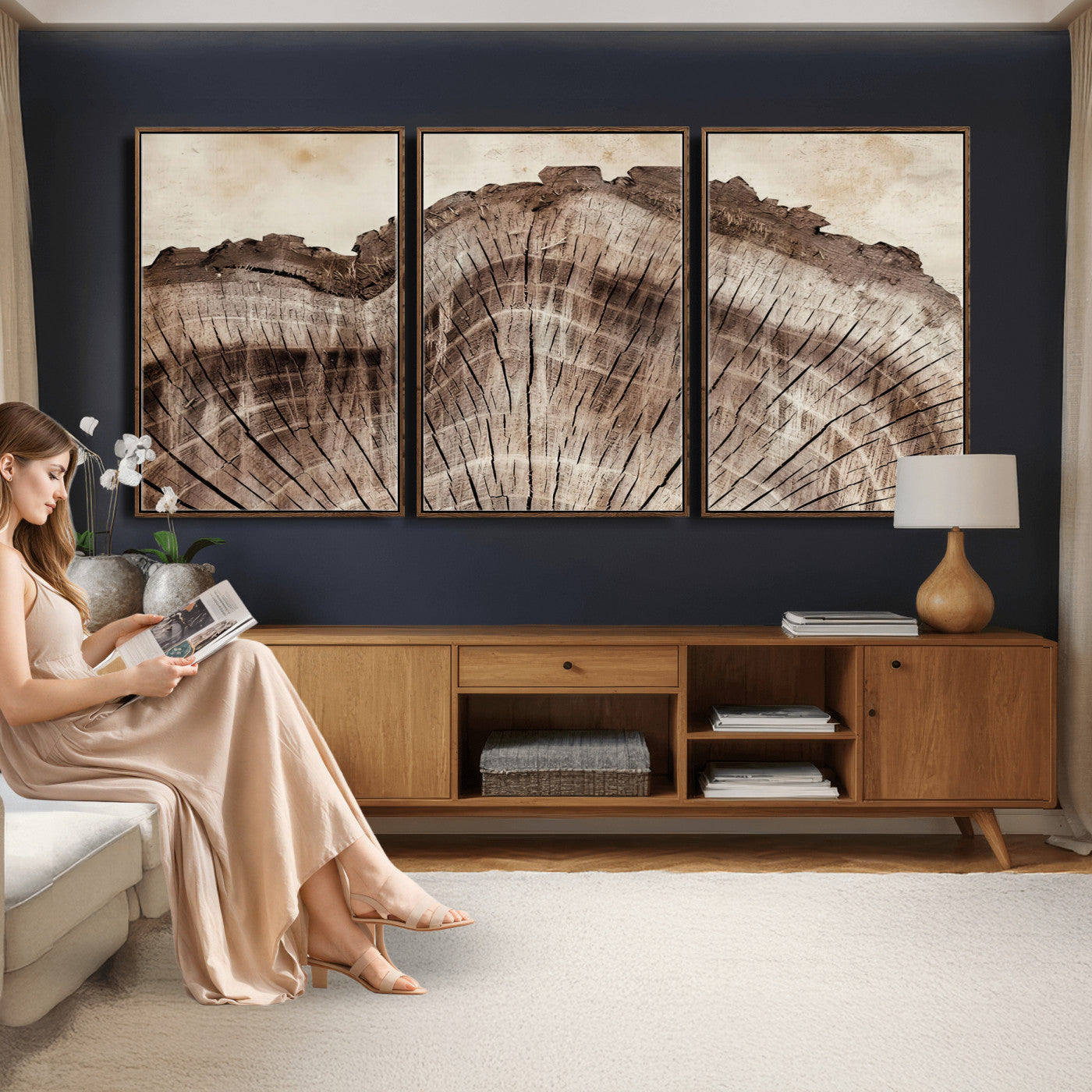 91280382-MGV-CV-60X30-3P - Tree Ring Canvas Wall Art in Neutral Earth Tones, Framed Wood Slice Print for Rustic and Japandi Interiors