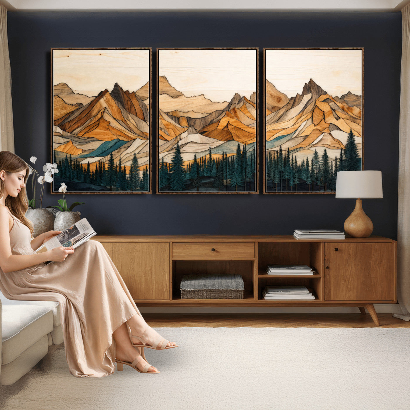 57384313-MGV-CV-60X30-3P - Mountain Landscape Canvas Wall Art with Wood Grain Effect, Golden Peaks and Teal Pine Forest, Framed Cabin Decor