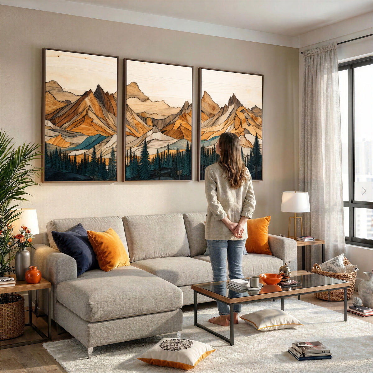 57384313-MGV-CV-48X32-3P - Mountain Landscape Canvas Wall Art with Wood Grain Effect, Golden Peaks and Teal Pine Forest, Framed Cabin Decor