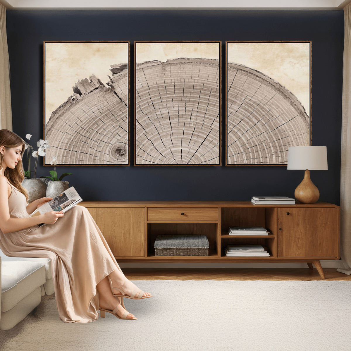 64174838-MGV-CV-60X30-3P - Tree Ring Canvas Wall Art in Neutral Earth Tones, Framed Wood Slice Print for Rustic and Japandi Interiors