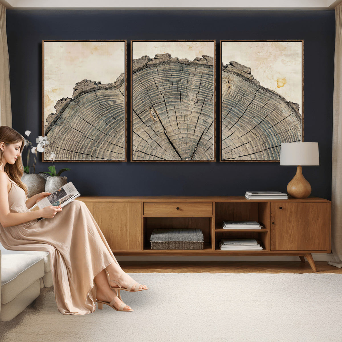 34201080-MGV-CV-60X30-3P - Tree Ring Canvas Wall Art in Neutral Earth Tones, Framed Wood Slice Print for Rustic and Japandi Interiors