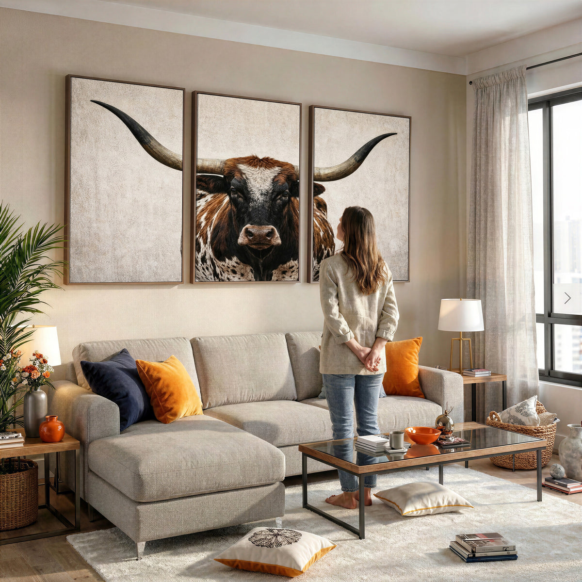 58622065-MGV-CV-36X24 - Texas Longhorn Canvas Wall Art Western Bull Desert Moody Grey Overcast Rustic Farmhouse Framed Large for Living Room Bedroom Office Decor