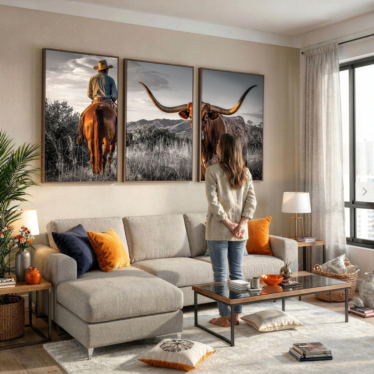 17066920-MGV-CV-60X30-3P - Extra Large Cowboy and Longhorn Wall Art Canvas Print