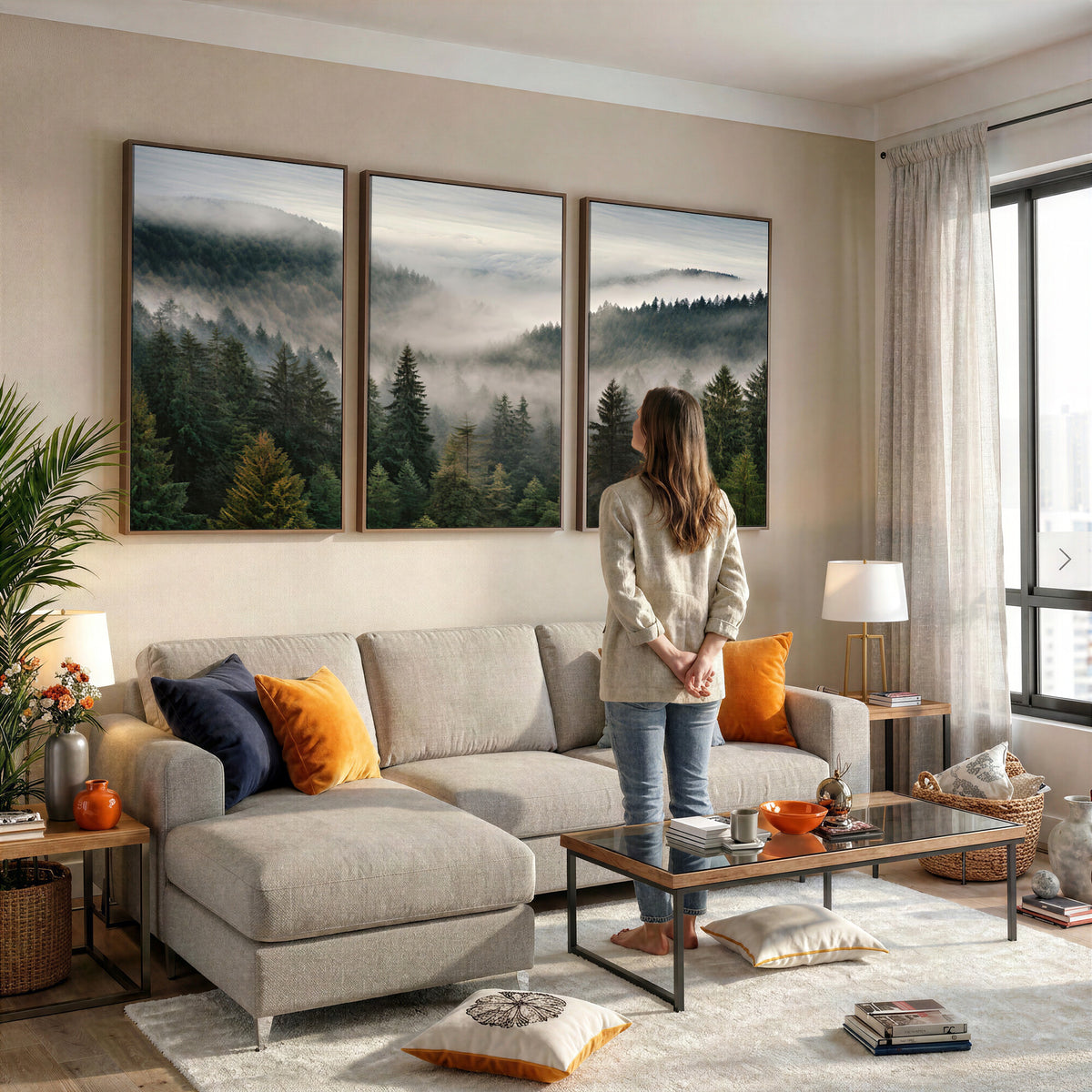 38409495-_Poster-30x20 - Misty Pine Valley Mountain Canvas Print 3 Piece Framed Wall Art Extra Large Floating Frame Nature Poster Made in USA