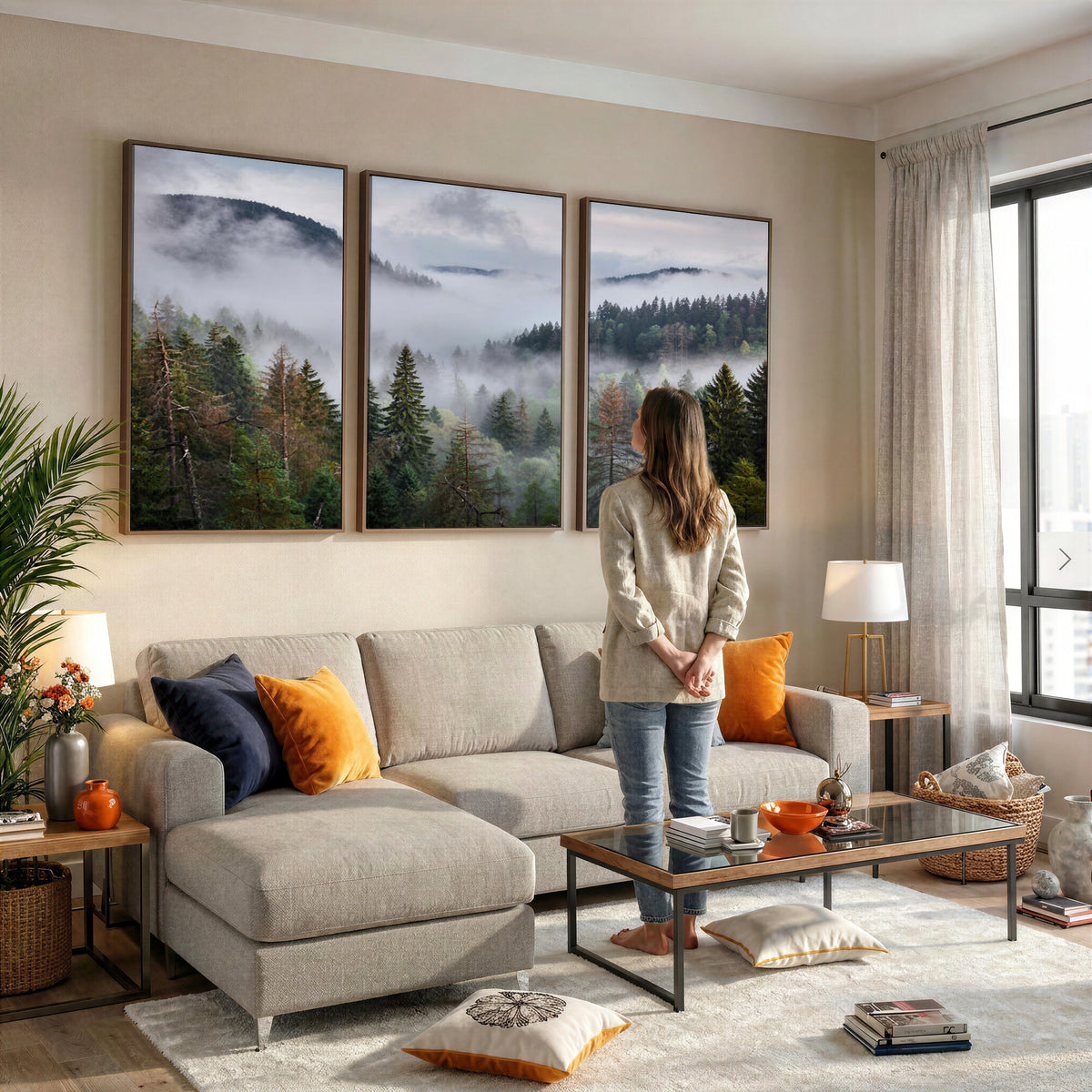 18735847-_Poster-30x20 - Foggy Pine Forest Mountain Canvas Print 3 Piece Framed Wall Art Extra Large Floating Frame Nature Poster Made in USA