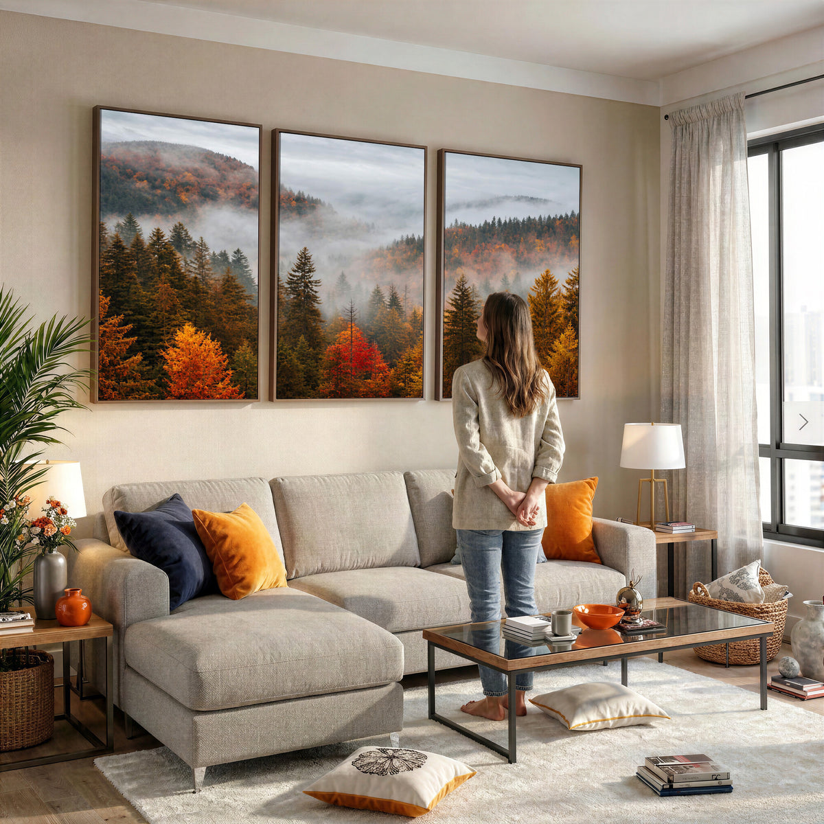 87481341-_Poster-30x20 - Foggy Autumn Mountain Canvas Print Smoky Pine Forest Wall Art Panoramic Nature Poster 3 Piece Made in USA