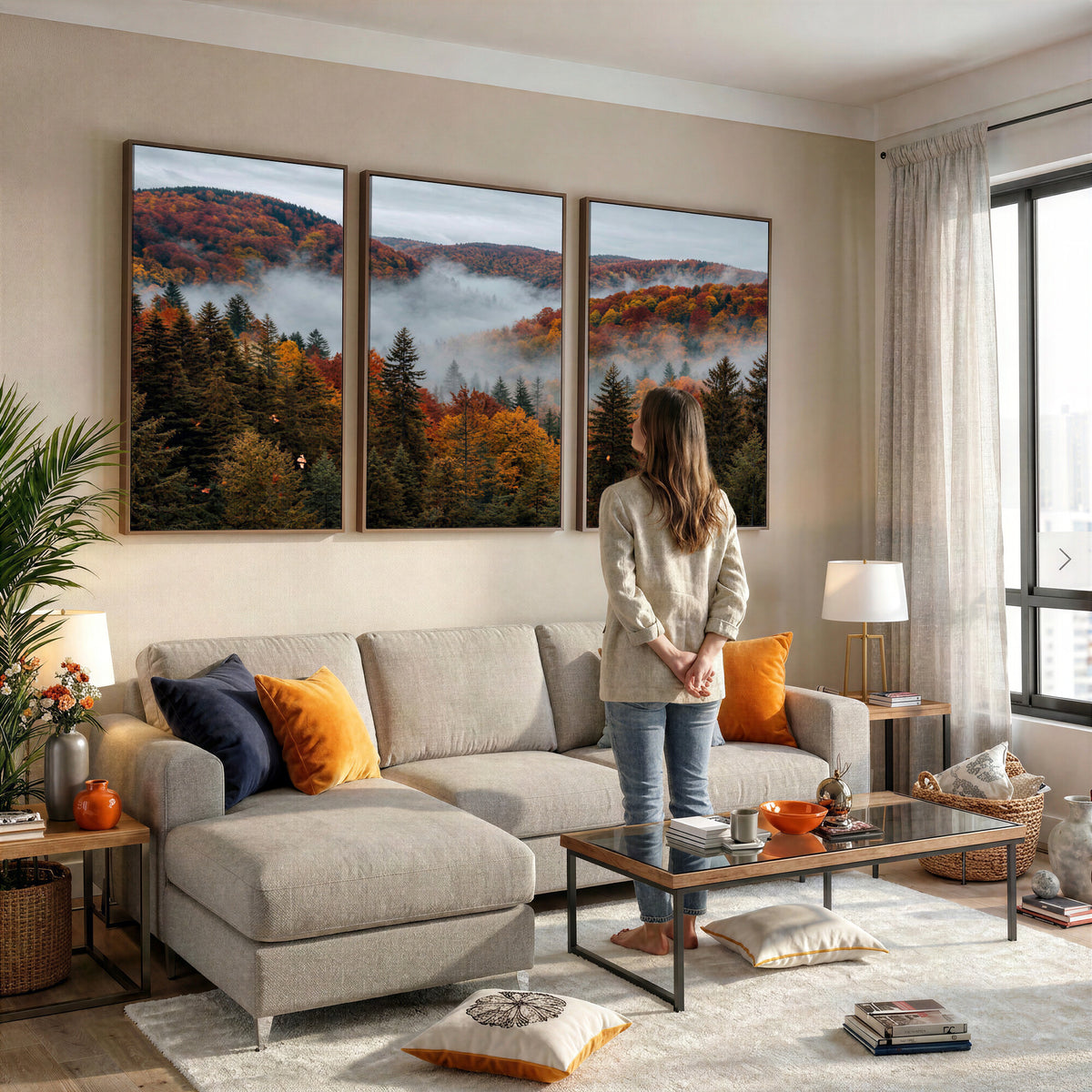 26686263-_Poster-30x20 - Misty Autumn Forest Mountain Canvas Print 3 Panel Wall Art Gallery Wrapped Floating Frame Poster Made in USA