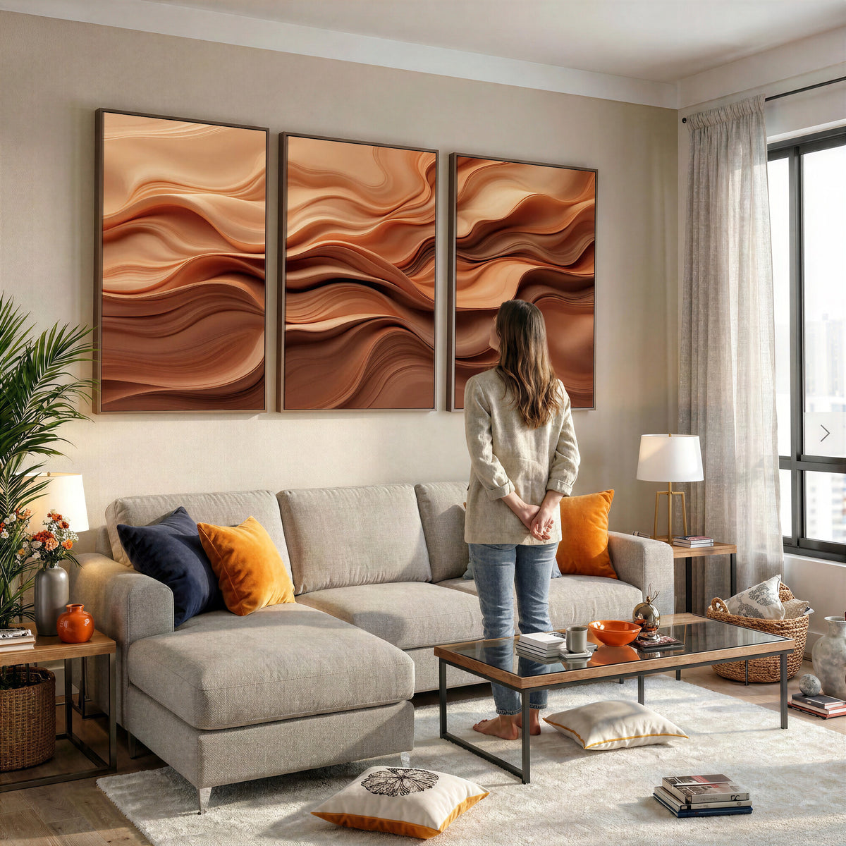 82230697-MGV-CV-36X24 - Modern Abstract Fluid Waves Canvas Wall Art - Minimalist Warm Terracotta Beige Sand Print