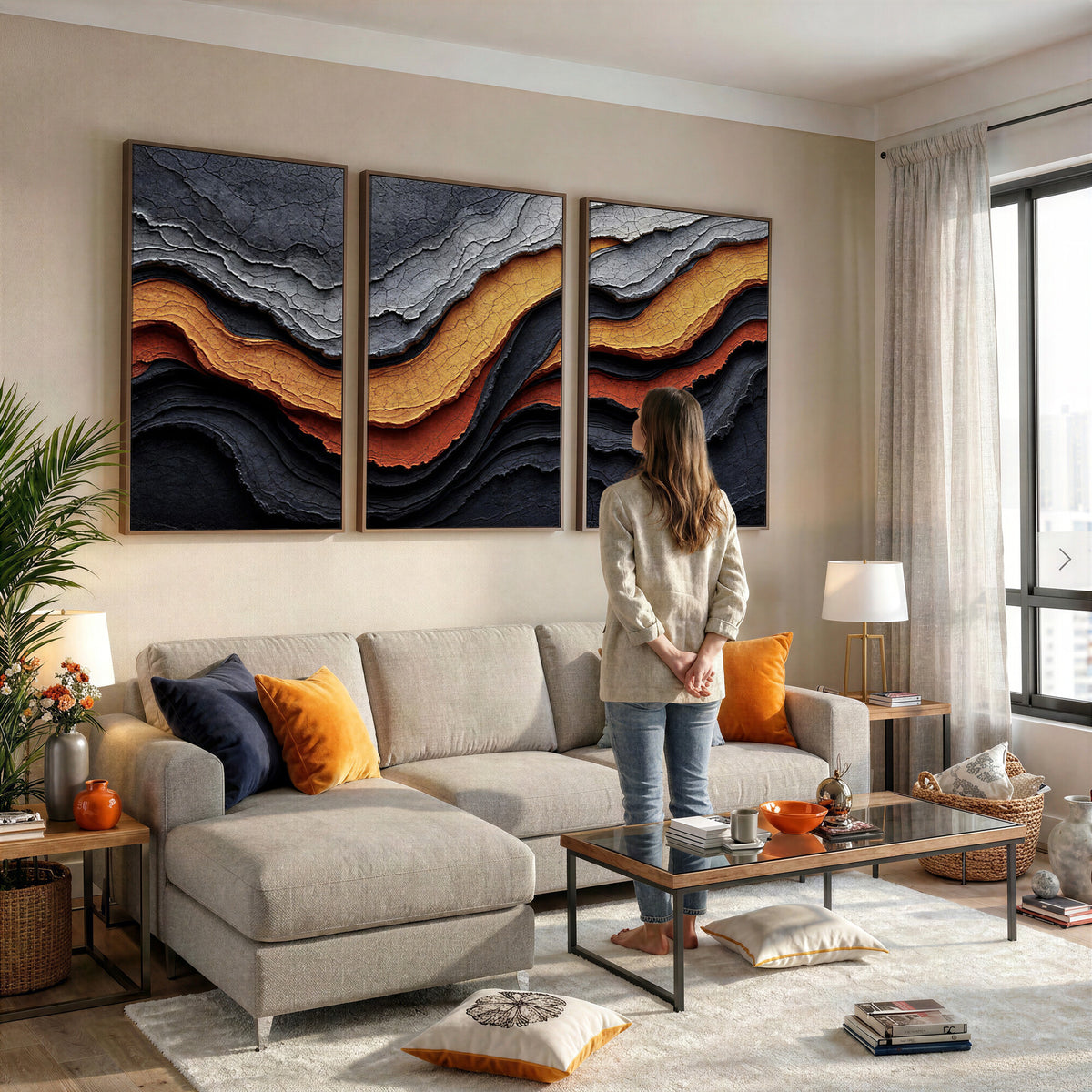 59852489-MGV-CV-36X24 - Abstract Waves Canvas Wall Art - Modern Terracotta and Charcoal Gray Print