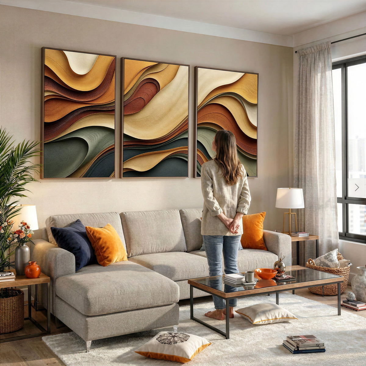 19337902-_Poster-30x20 - Modern Abstract Waves Canvas Wall Art - Minimalist Earthy Tone Living Room Decor