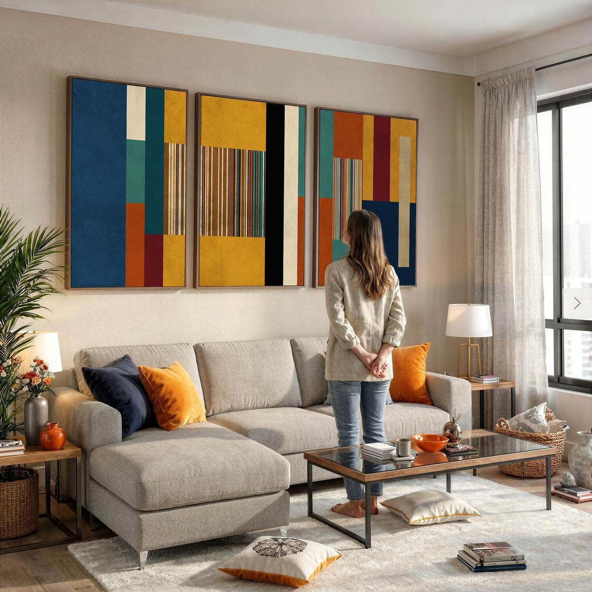 53992657-MGV-CV-48X32-3P - Mid Century Abstract Color Block Canvas Wall Art, Geometric Striped Canvas Print