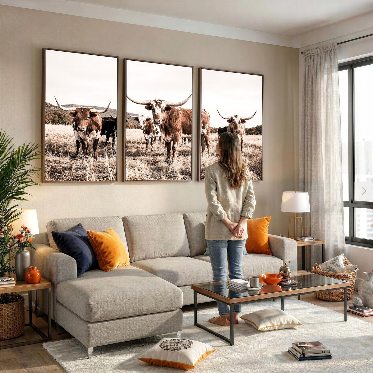 25234808-MGV-CV-48X32-3P - Texas Longhorn Cattle Canvas Wall Art, Western Ranch Home Decor
