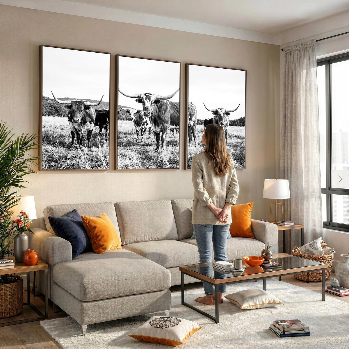 73228277-MGV-CV-48X32-3P - Black and White Longhorn Cattle Canvas Print, Western Ranch Wall Decor