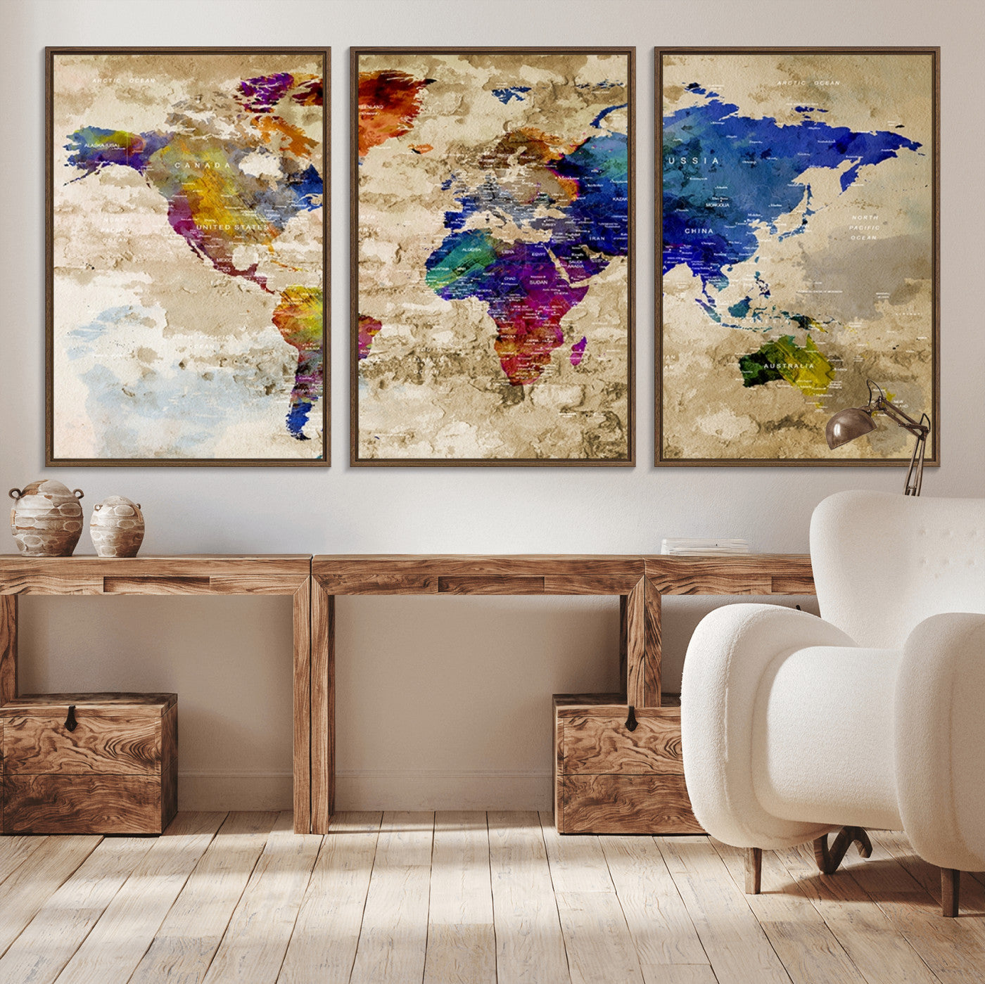 92939-MGV-CV-36X24-Colorful World Map Canvas Wall Art – Abstract Watercolor Map Print, Modern Travel Decor for Home Office or Study
