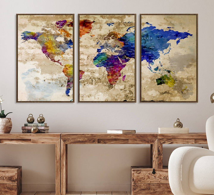 Watercolor World Map Canvas Print with gallery-wrapped edges.