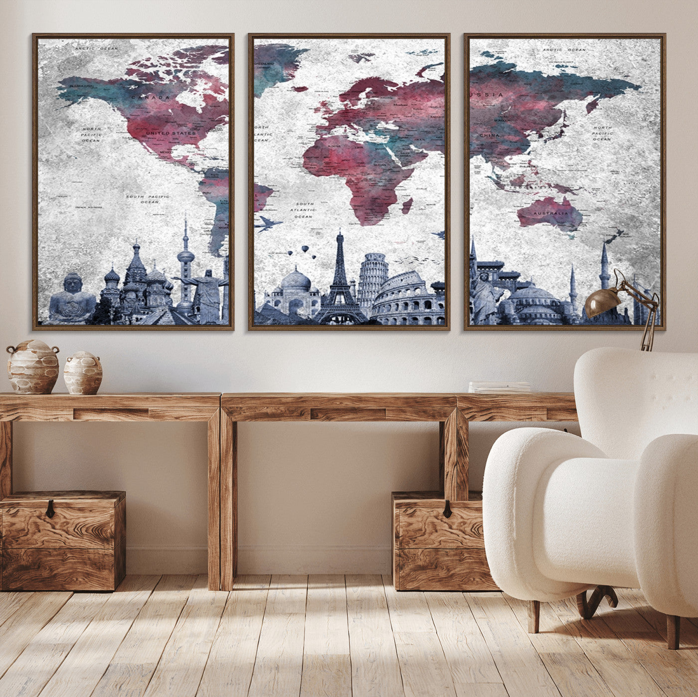 42515-MGV-CV-36X24-World Map Canvas Wall Art with Famous Landmarks – Framed Travel Map Print for Home and Office Decor, Perfect Gift for Travel Lovers