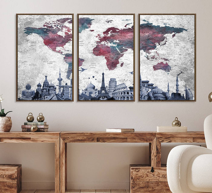 The dining room features a Blue Multipanel World Map Wall Art Canvas Print that adorns the wall, highlighting its neutral decor.