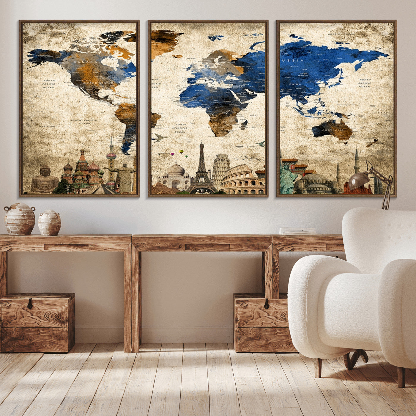 20261-MGV-CV-36X24-World Map Canvas Print – Vintage Blue and Gold World Map Wall Art, Framed Travel Inspired Decor for Living Room or Office