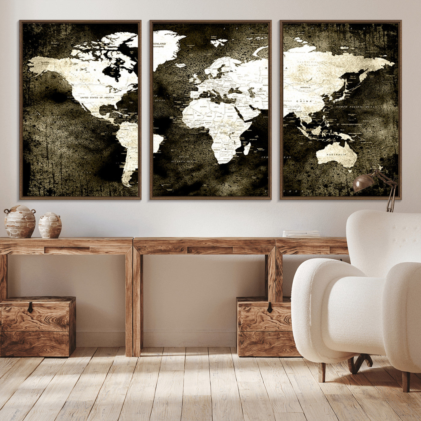 66737-MGV-CV-36X24-Vintage World Map Canvas Wall Art – Framed Push Pin Travel Map for Home and Office Decor, Rustic Wall Artwork for Travelers