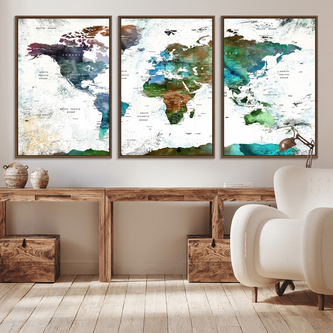 13140-MGV-CV-36X24-Modern Watercolor World Map Canvas Wall Art – Framed Abstract Map Print, Contemporary Travel Artwork for Elegant Home and Office Decor