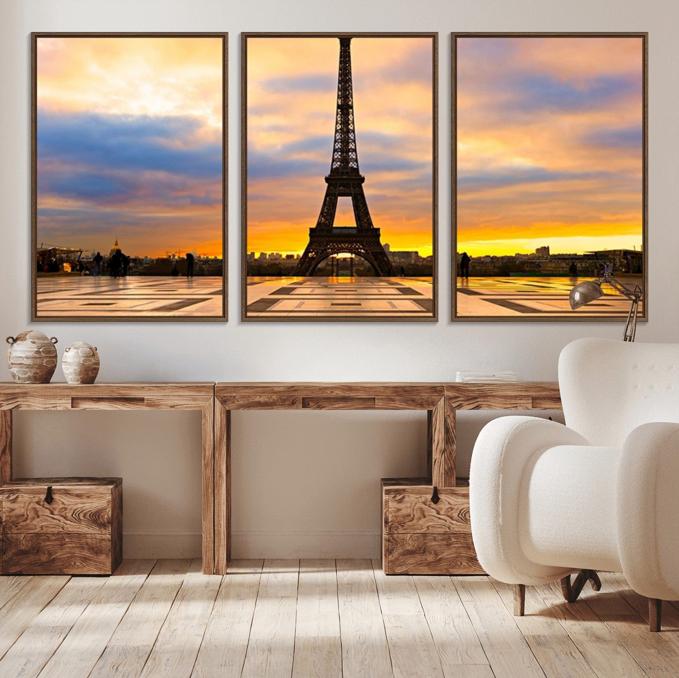 MGV-FC-60X30-3P - Paris Eiffel Tower Sunset Canvas Wall Art Print - Iconic Landmark Decor with Vibrant Colors