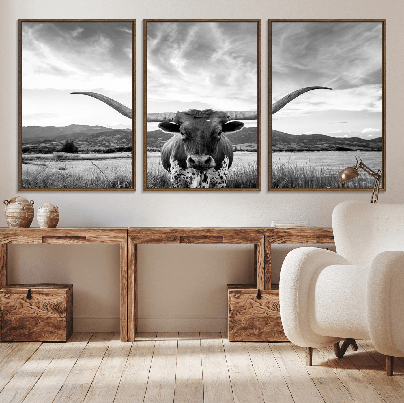MGV-FC-60X30-3P - Longhorn Cow Wall Art Canvas Print Farmhouse Wall Art - Texas Longhorn Wall Art Print