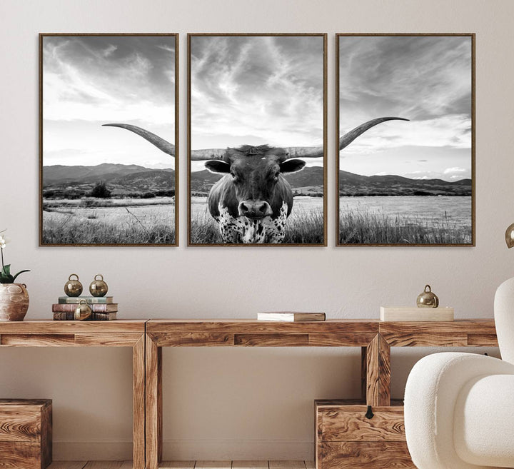 Longhorn Cow Wall Art Canvas Print Farmhouse Wall Art - Texas Longhorn Wall Art Print