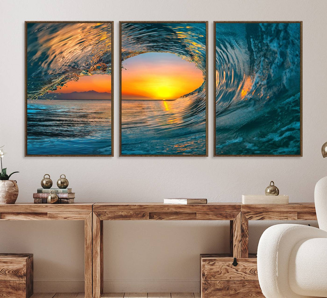 The Ocean Wave Sunset Wall Art canvas print features a vibrant ocean wave at sunset, forming a tunnel with silhouetted mountains.