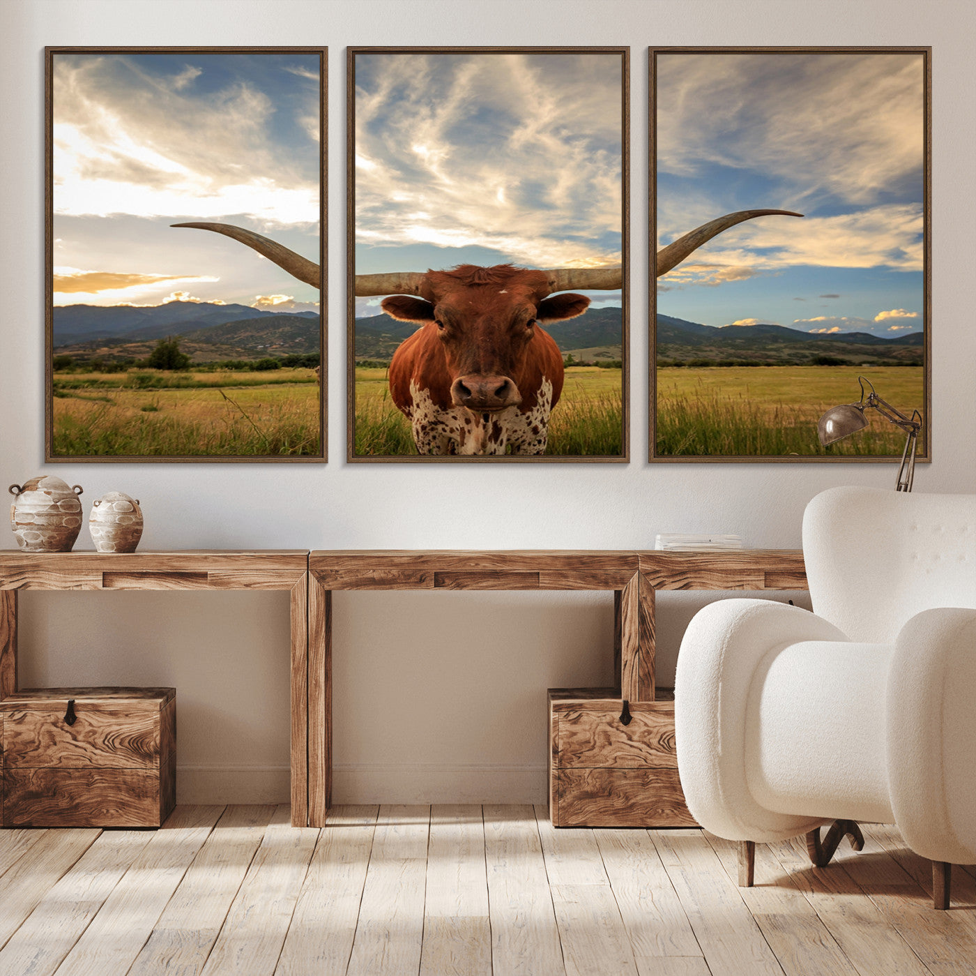 55416-MGV-CV-36X24-Texas Longhorn Canvas Wall Art – Majestic Triptych Animal Print – Rustic Western Decor for Living