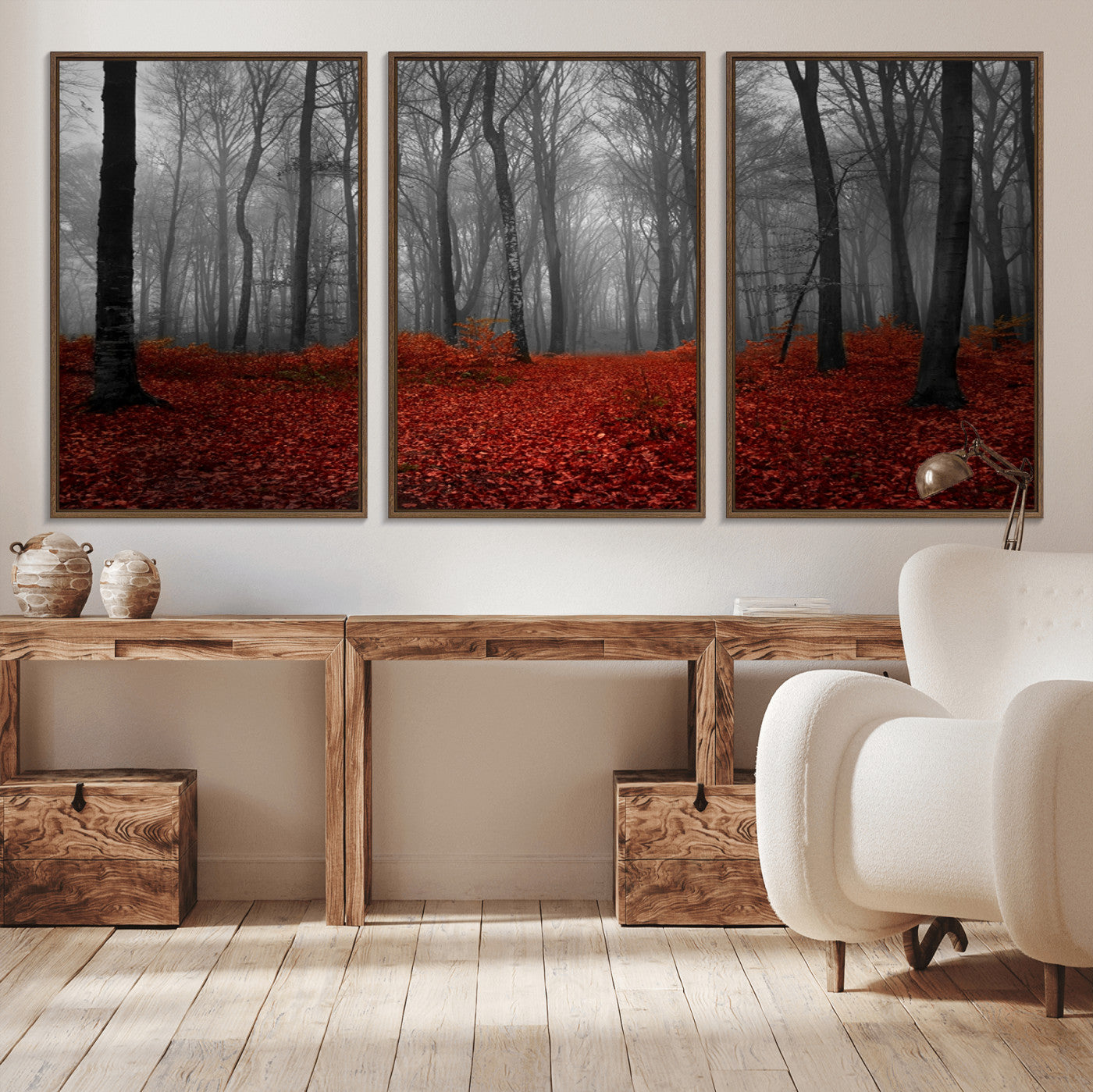 38804-MGV-CV-36X24-Red Forest Floor Canvas Wall Art – Mystical Foggy Woodland Triptych – Nature-Inspired Decor for