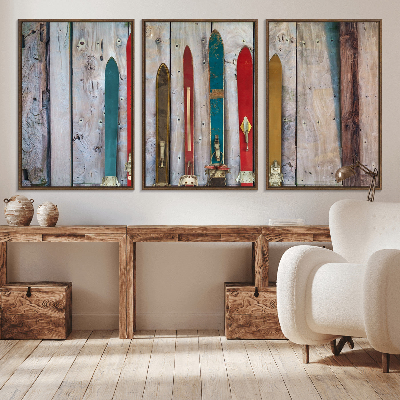 30640-MGV-CV-36X24-Vintage Wooden Weathered Ski's in Front of an Old Barn Wall Art Canvas Print for Farmhouse, Cabin