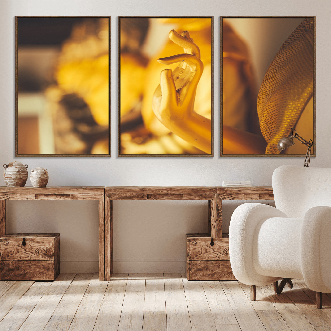 MGV-FC-60X30-3P - Gold Buddha Statue Hands Wall Art Canvas Print