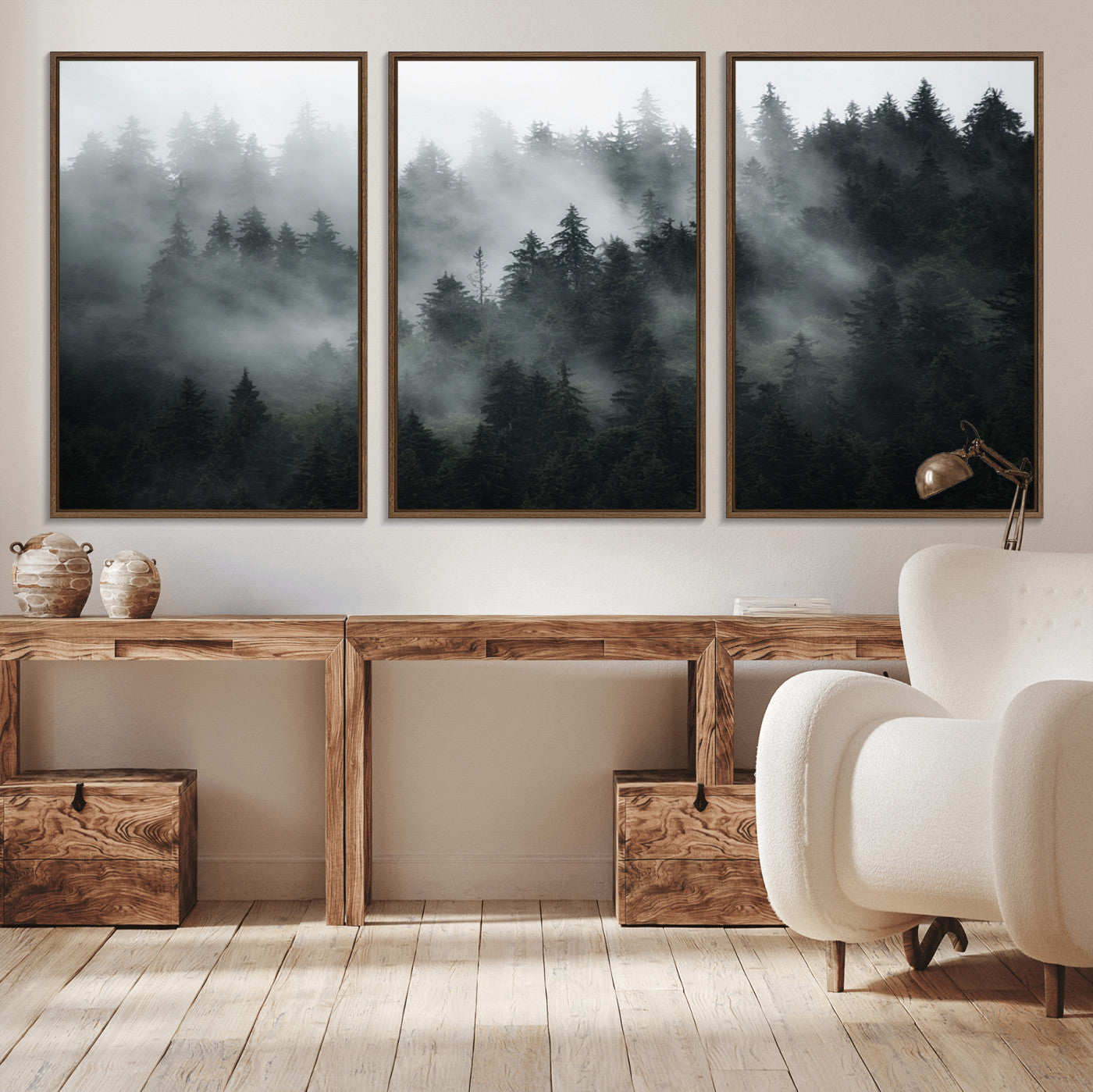 52359-MGV-FC-60X30-3P_Walnut-Foggy Forest Wall Art Canvas Print | 3 Panel Large Misty Landscape for Dining Room, Office, or Living Room | Ready to Hang Nature Deco