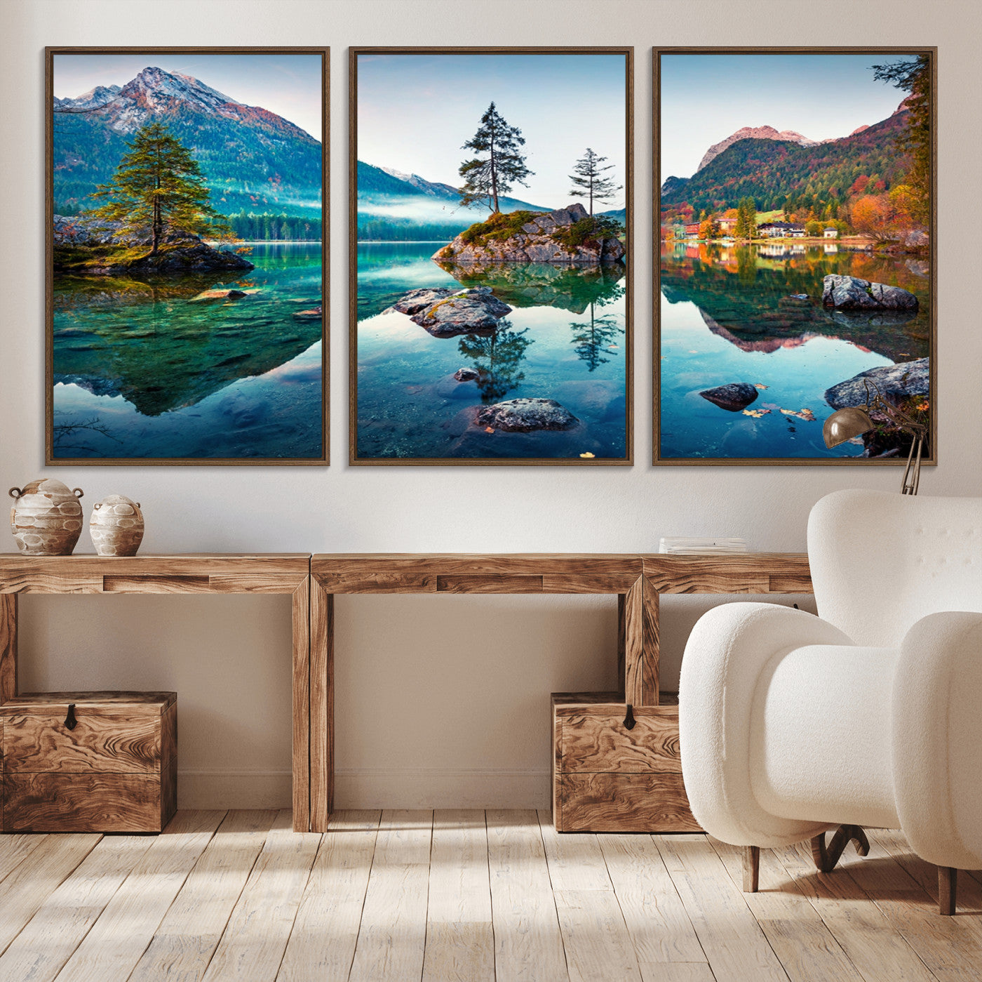 MGV-FC-60X30-3P - Crystal Clear Lake Wall Art | Mountains Wall Art Canvas | 3 Panel Large Landscape Print for Dining