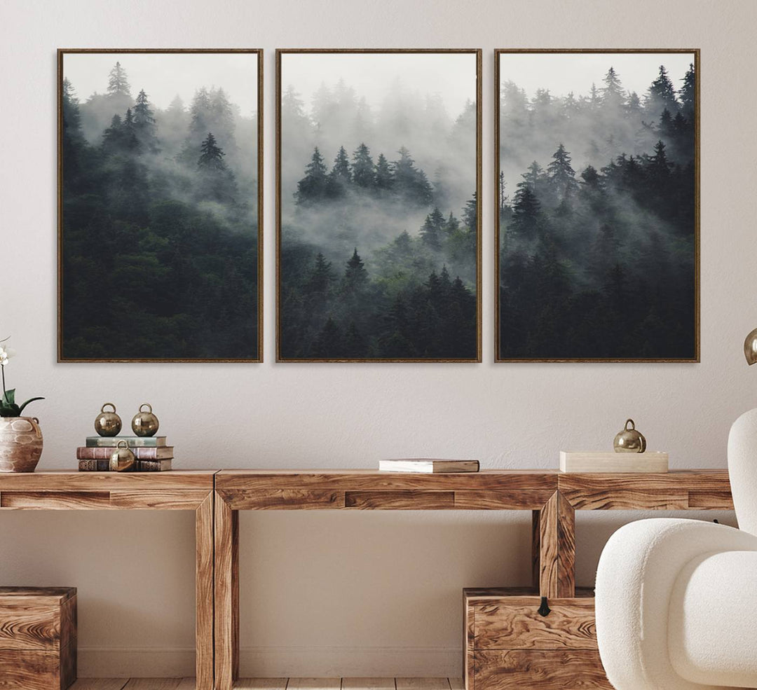 The Serene Triptych Print features tall evergreens, creating a mysterious and calming atmosphere.